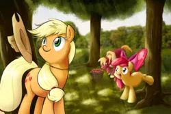 Size: 3240x2160 | Tagged: safe, artist:alskylark, derpibooru import, apple bloom, applejack, big macintosh, earth pony, pony, apple, applebucking, male, stallion