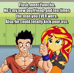 Size: 590x575 | Tagged: semi-grimdark, derpibooru import, edit, flash sentry, sunset shimmer, equestria girls, blatant lies, crossover, cuckold, downgrade, dragon ball z, exploitable meme, flashabuse, meme, ouch, photoshop, this will end in death, thumbs up, waifu thief, yamcha, yamchabuse