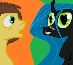 Size: 899x802 | Tagged: safe, artist:askshywolf, derpibooru import, queen chrysalis, oc, oc:poisoned soul, adorkable, blushing, braces, canon x oc, changelingified, chrysalislover, cute, dork