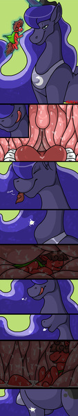 Size: 1046x5573 | Tagged: artist:artistdragon, comic, derpibooru import, drool, fetish, internal, licking lips, lunapred, magic, maw, micro, oc, open mouth, princess luna, questionable, stomach, stomach noise, throat, throat bulge, uvula, vore, willing vore