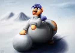 Size: 2700x1900 | Tagged: safe, artist:jesseorange, derpibooru import, oc, oc:jesse orange, unofficial characters only, pegasus, pony, belly, clothes, cloud, cloudy, fat, impossibly large belly, impossibly large butt, male, mountain, snow, snowball, snowfall, snowflake, solo, sweater, tongue out, wide hips