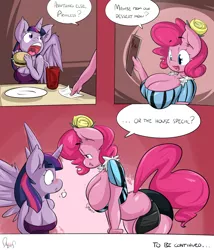 Size: 1028x1200 | Tagged: suggestive, artist:sanders, derpibooru import, pinkie pie, twilight sparkle, twilight sparkle (alicorn), anthro, big breasts, breasts, busty pinkie pie, busty twilight sparkle, cleavage, comic, faic, female, hay burger, headlight burgkle, implied twinkie, lesbian, plump, shipping, twilight burgkle, twinkie, waitress, wingboner