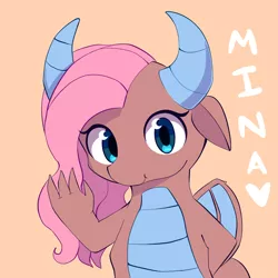 Size: 900x900 | Tagged: artist:joyfulinsanity, chibi, claws, cute, dragon, dragoness, dragon wings, fangs, female, horns, idw, mina, minabetes, safe, simple background, smiling, solo, spoiler:comic, text, waving, wings