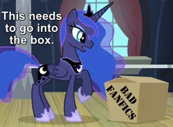 Size: 750x550 | Tagged: box, caption, criticism, derpibooru import, edit, edited screencap, fanfic, for whom the sweetie belle toils, image macro, meta, open mouth, princess luna, raised hoof, reaction image, safe, screencap, solo