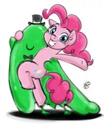 Size: 1280x1526 | Tagged: safe, artist:pia-sama, derpibooru import, pinkie pie, smooze, pony, make new friends but keep discord, anatomically incorrect, bipedal, dancing, grin, hug, incorrect leg anatomy, looking at you, smiling, smoozepie