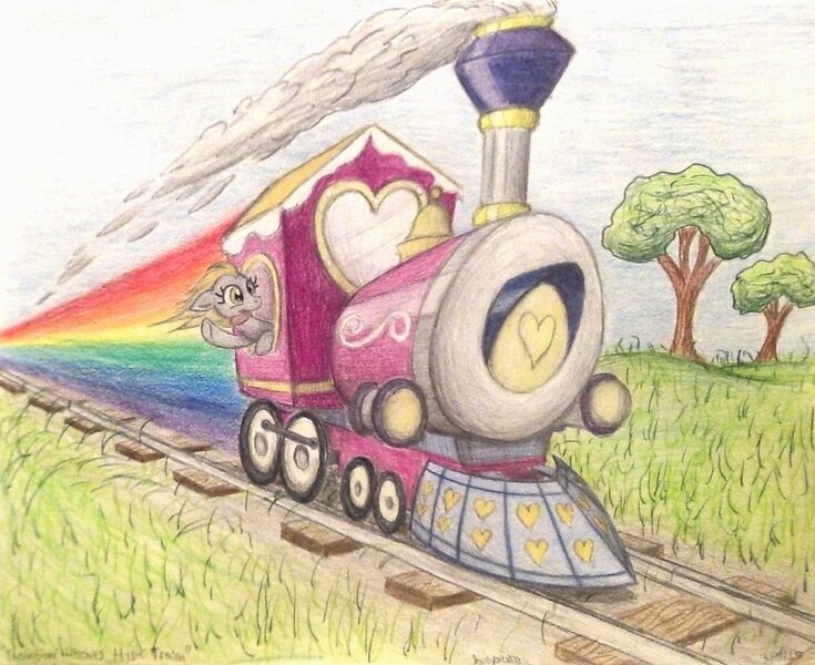 Size: 989x807 | Tagged: safe, artist:thefriendlyelephant, derpibooru import, derpy hooves, pegasus, pony, behaving like a dog, female, friendship express, grass, hype train, locomotive, mare, railroad, rainbow, sky, smoke, solo, steam locomotive, tongue out, tracks, traditional art, train, trainbow, tree