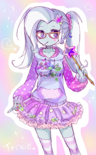 Size: 496x800 | Tagged: safe, artist:weiliy, derpibooru import, trixie, equestria girls, alternate hairstyle, cute, diatrixes, glasses, pixiv, solo