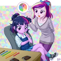 Size: 1000x1000 | Tagged: safe, artist:uotapo, derpibooru import, princess cadance, twilight sparkle, equestria girls, blushing, candy, chair, child, chocolate, clothes, confused, crossed legs, cute, equestria girls-ified, female, food, m&m's, ocd, oliver and company, open mouth, pants, pencil, polka dots, ponytail, shoes, sitting, sneakers, socks, teen princess cadance, twiabetes, uotapo is trying to murder us, younger