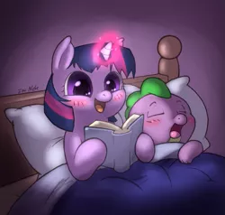 Size: 675x643 | Tagged: safe, artist:i am nude, derpibooru import, spike, twilight sparkle, dragon, pony, unicorn, baby, baby dragon, baby spike, bed, blushing, book, cute, eyes closed, female, filly, filly twilight sparkle, glowing horn, magic, male, mama twilight, open mouth, signature, sleeping, smiling, spikabetes, story, twiabetes, unicorn twilight, weapons-grade cute, yawn, younger