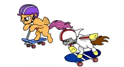 Size: 1374x742 | Tagged: artist:tay-houby, crossover, derpibooru import, kick buttowski, kick buttowski suburban daredevil, ponified, race, racer, racing, safe, scootaloo, scooter, skates