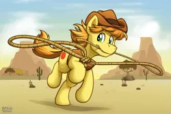 Size: 1117x745 | Tagged: safe, artist:bcpony, derpibooru import, braeburn, earth pony, pony, cactus, clothes, hat, lasso, male, mouth hold, rope, solo, stallion, tree