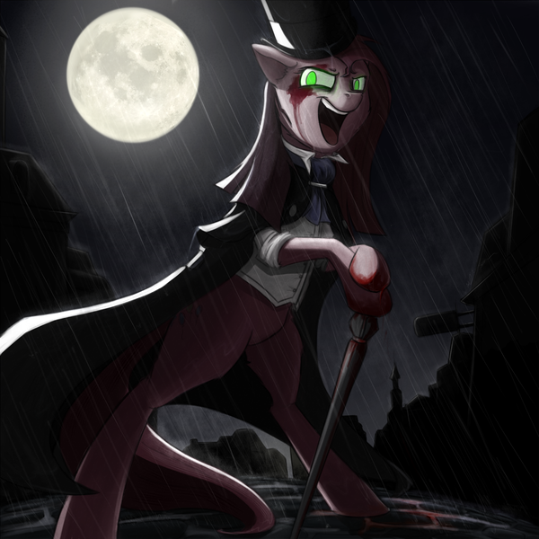 Size: 1416x1416 | Tagged: semi-grimdark, artist:dryayberg, derpibooru import, pinkie pie, pony, alive, bipedal, blood, bloody, cane, cape, clothes, cobblestone street, dr jekyll and mr hyde, dr pinkie and miss pie, full moon, hat, miss pie, mr hyde, pinkamena diane pie, rain, singing, solo, top hat, victorian