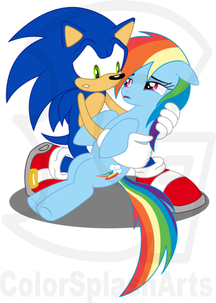 Size: 2072x2895 | Tagged: safe, artist:colorsplasharts, derpibooru import, rainbow dash, pony, crossover, crossover shipping, dying, female, interspecies, male, sad, shipping, sonic the hedgehog, sonic the hedgehog (series), sonicdash, straight, watermark