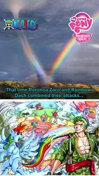 Size: 540x957 | Tagged: artist:irie-mangastudios, crossover, derpibooru import, edit, logo, one piece, rainbow, rainbow dash, roronoa zoro, safe, tornado