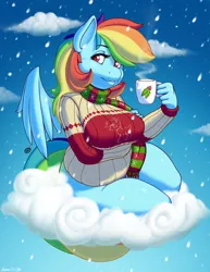 Size: 3478x4500 | Tagged: anthro, artist:rocketraptor, bedroom eyes, bottomless, breasts, busty rainbow dash, clothes, cloud, cloudy, derpibooru import, female, looking at you, mug, rainbow dash, scarf, snow date, solo, solo female, suggestive, sweater, thunder thighs
