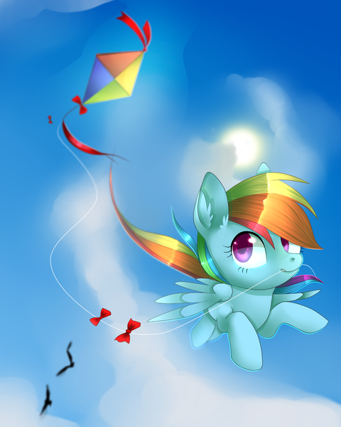 Size: 1024x1280 | Tagged: artist:nayra-the-wolf, bird, derpibooru import, flying, kite, kite flying, rainbow dash, safe, solo