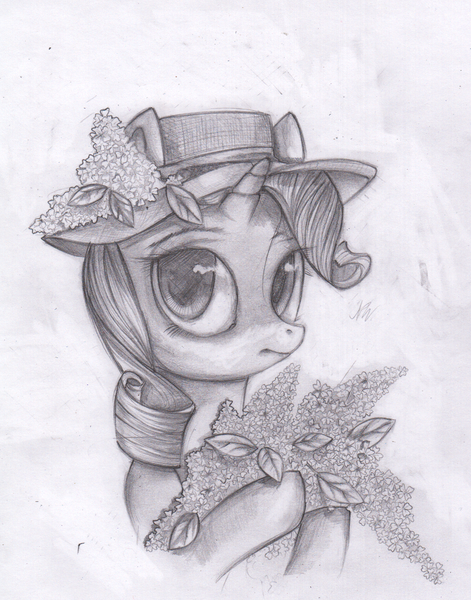 Size: 1028x1309 | Tagged: artist:nayra-the-wolf, derpibooru import, hat, monochrome, plant, rarity, safe, solo