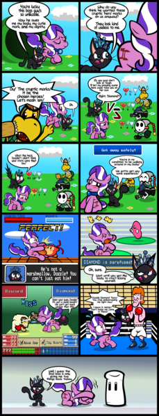 Size: 2114x5549 | Tagged: safe, artist:magerblutooth, derpibooru import, diamond tiara, discord, oc, oc:dazzle, cat, koopa troopa, luvdisc, pony, shy guy, comic:diamond and dazzle, axe, beaten up, body swap, boxer, boxing, bullet bill, cloud, comic, crossover, fire emblem, flower, glass joe, gun, hammer, kirby, nintendo, paper mario, pokémon, punch out, rpg, rpg battle, sandbag, super mario bros., super smash bros., sword, toy sword, video game, waddle dee, warp pipe, weapon