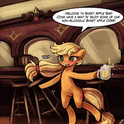 Size: 750x750 | Tagged: safe, artist:lumineko, derpibooru import, applejack, pony, bar, bipedal, blushing, cider, drunk, drunk aj, open mouth, solo