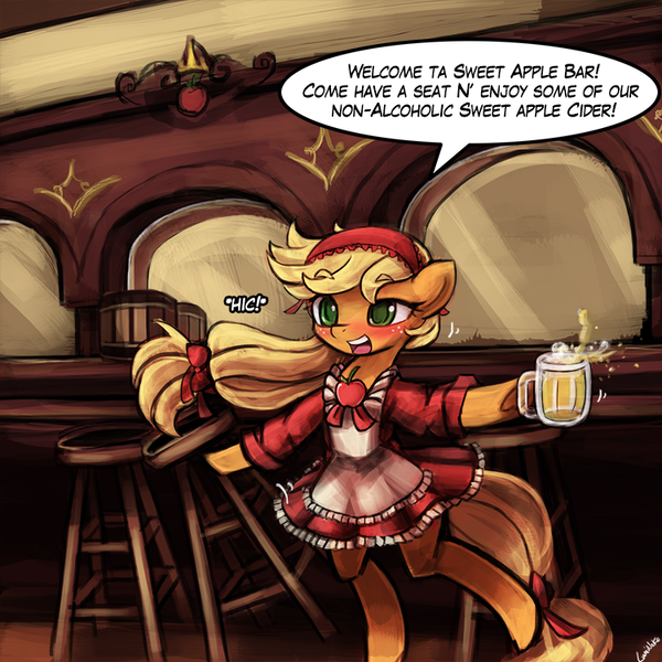 Size: 750x750 | Tagged: safe, artist:lumineko, derpibooru import, applejack, pony, alcohol, apron, bar, bipedal, blatant lies, blushing, bow, cider, clothes, cute, dress, drunk, drunk aj, floppy ears, hoof hold, lidded eyes, maid, maidjack, open mouth, smiling, solo, stool