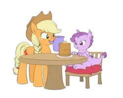 Size: 1138x900 | Tagged: applejack, artist:carnifex, chair, cute, derpibooru import, dracony, eyes on the prize, hybrid, interspecies offspring, jackabetes, lavandorable, mouth hold, :o, oc, oc:lavender, offspring, pancakes, parent:rarity, parent:spike, parents:sparity, safe, simple background, sitting, smiling, sparkles, transparent background