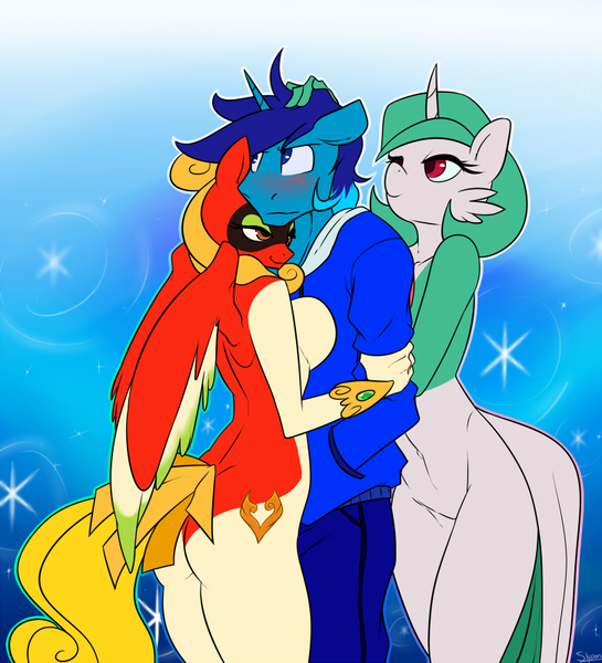 Size: 726x800 | Tagged: questionable, artist:slypon, derpibooru import, oc, oc:ho-oh, oc:light shine, ponified, unofficial characters only, anthro, gardevoir, ho-oh, pegasus, poképony, unicorn, blushing, breasts, clothed male nude female, clothes, crossover, cutie mark, female, hand on head, holding head, jacket, male, mare, nudity, oc x pokémon, pokémon, stallion