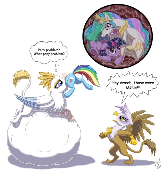 Size: 2000x2100 | Tagged: questionable, semi-grimdark, artist:goldy-gry, derpibooru import, gilda, princess celestia, rainbow dash, twilight sparkle, oc, oc:angelissa, gryphon, belly, belly bed, cork, fetish, food chain, griffons doing griffon things, head first, implied digestion, impossibly large belly, internal, mythologically accurate, predator, prey, preylight, simple background, vore