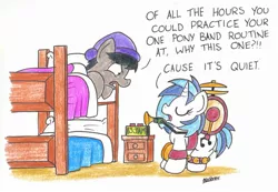 Size: 2261x1565 | Tagged: safe, artist:bobthedalek, derpibooru import, octavia melody, vinyl scratch, earth pony, pony, unicorn, bunk bed, duo, hat, musical instrument, nightcap, octavia is not amused, unamused