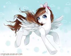 Size: 900x703 | Tagged: safe, artist:greyradian, derpibooru import, oc, oc:akira, unofficial characters only, pegasus, pony, abstract background, blushing, bow, digital art, female, flying, hair bow, looking at you, mare, open mouth, signature, smiling, solo, sparkle eyes, spread wings, underhoof, windswept mane, windswept tail, wingding eyes, wings