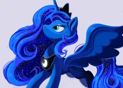 Size: 2800x2000 | Tagged: alicorn, artist:shira-hedgie, blue eyes, crown, derpibooru import, ethereal mane, eyelashes, female, happy, horn, jewelry, looking up, princess luna, regalia, safe, simple background, smiling, solo, spread wings, wavy mane, white background, wings