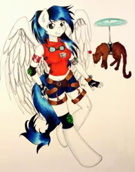 Size: 1502x1920 | Tagged: anthro, artist:shyredd, cat, clothes, derpibooru import, elbow pads, final fantasy, flying, gloves, goggles, helicopter, knee pads, markers, necessary cleavace, oc, oc:thyme flies, one piece, pegasus, rikku, safe, solo, traditional art, tribute, unofficial characters only