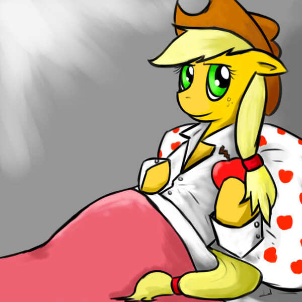 Size: 700x700 | Tagged: safe, artist:dogduck, derpibooru import, applejack, apple, bed, solo