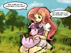 Size: 960x720 | Tagged: safe, artist:lumineko, derpibooru import, fluttershy, twilight sparkle, pig, equestria girls, 30 minute art challenge, barefoot, blushing, cute, feet, grass, kneeling, monster hunter, nature, oink, open mouth, petting, pigified, poogie, species swap, transformation, twiggy piggy, twilight porkle