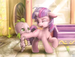 Size: 3024x2288 | Tagged: safe, artist:mrs1989, derpibooru import, spike, twilight sparkle, dragon, pony, unicorn, baby spike, biting, cute, female, filly, filly twilight sparkle, floppy ears, looking at each other, male, newborn spike, one eye closed, open mouth, pain, raised hoof, raised leg, spikabetes, wink