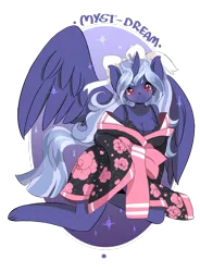 Size: 1024x1391 | Tagged: suggestive, artist:lana-jay, derpibooru import, oc, unofficial characters only, alicorn, anthro, alicorn oc, ambiguous facial structure, anthro oc, blushing, bow, bra, breasts, cleavage, clothes, female, kimono (clothing), kneeling, looking at you, smiling, solo, solo female, spread wings, underwear