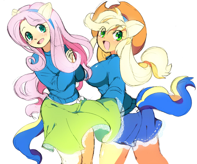 Size: 634x527 | Tagged: safe, artist:hiza take, derpibooru import, applejack, fluttershy, equestria girls, clothes, pixiv, sweater, sweatershy, wondercolts