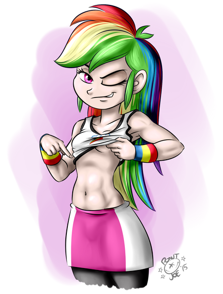 Size: 1280x1682 | Tagged: suggestive, artist:2010kohtep, artist:ponut_joe edit, derpibooru import, edit, rainbow dash, equestria girls, abs, armpits, belly button, breasts, clothes, delicious flat chest, female, grin, human coloration, looking at you, midriff, muscles, pointing, rainbow flat, rainbuff dash, shirt lift, smirk, solo, solo female, tanktop, underboob, wink