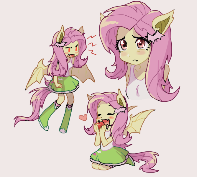 Size: 668x600 | Tagged: safe, artist:baekgup, derpibooru import, fluttershy, bat pony, equestria girls, apple, blushing, clothes, cute, eyes closed, fangs, flutterbat, frown, glare, heart, kneeling, open mouth, ponied up, race swap, shyabates, shyabetes, simple background, sleeveless, smiling, solo, tanktop, white background