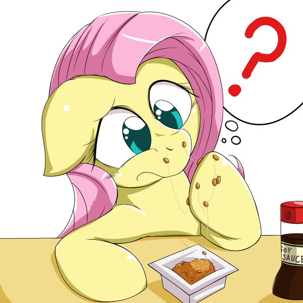 Size: 1000x1000 | Tagged: artist:ushiro no kukan, fluttershy, natto, safe, solo, soy sauce