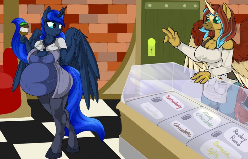 Size: 1280x823 | Tagged: alicorn, alicorn oc, anthro, artist:m-p-l, crotch bulge, derpibooru import, futa, ice cream, intersex, oc, oc:leona spotts, pregnant, princess luna, questionable