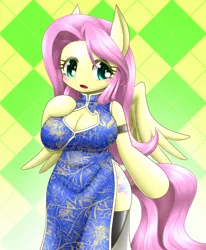 Size: 578x700 | Tagged: alternate color palette, anthro, arm hooves, artist:hashioaryut, breasts, busty fluttershy, cheongsam, chinese new year, cleavage, clothes, derpibooru import, female, fluttershy, pixiv, safe, solo