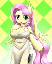 Size: 578x700 | Tagged: alternate color palette, anthro, arm hooves, artist:hashioaryut, breasts, busty fluttershy, cheongsam, chinese new year, cleavage, clothes, derpibooru import, female, fluttershy, pixiv, safe, solo