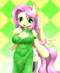 Size: 578x700 | Tagged: alternate color palette, anthro, arm hooves, artist:hashioaryut, breasts, busty fluttershy, cheongsam, chinese new year, cleavage, clothes, derpibooru import, female, fluttershy, pixiv, safe, solo