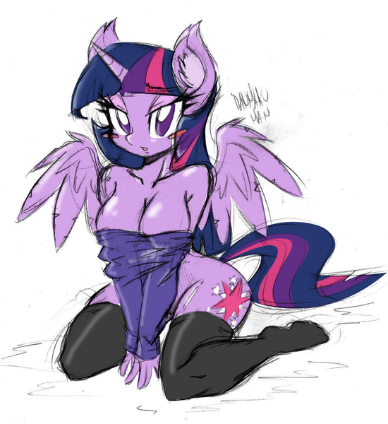 Size: 1094x1193 | Tagged: anthro, artist:danmakuman, breasts, busty twilight sparkle, clothes, derpibooru import, featureless crotch, female, nudity, questionable, solo, solo female, stockings, twilight sparkle, twilight sparkle (alicorn)