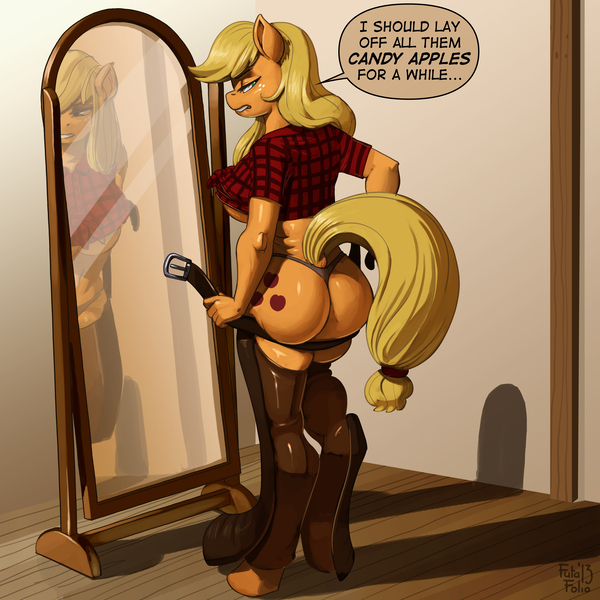 Size: 5000x5000 | Tagged: questionable, artist:kevinsano, derpibooru import, applejack, anthro, earth pony, unguligrade anthro, absurd resolution, applebutt, ass, assless chaps, boots, breasts, chaps, clothes, female, freckles, futa folio, lip bite, mirror, panties, plaid, solo, speech bubble, thong, underboob, underwear