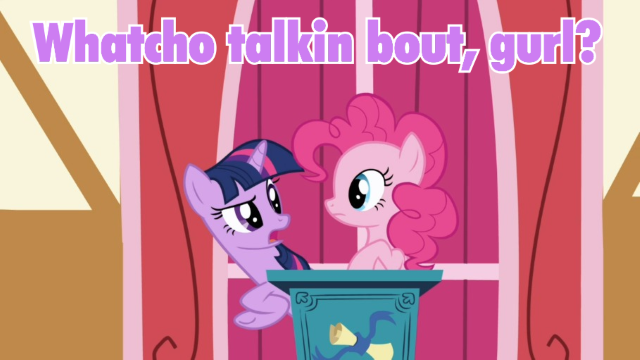 Size: 640x360 | Tagged: derpibooru import, image macro, meme, pinkie pie, purple text, safe, screencap, twilight sparkle