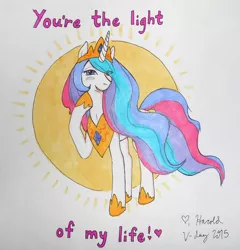 Size: 2206x2296 | Tagged: safe, artist:boldrold, derpibooru import, princess celestia, bedroom eyes, blushing, hair over one eye, heart, looking at you, raised hoof, smiling, solo, sun, traditional art, valentine