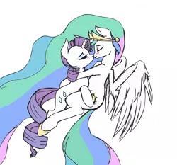 Size: 800x746 | Tagged: artist:jalm, blushing, colored, derpibooru import, eyes closed, female, flying, hug, imminent kissing, lesbian, princess celestia, rarilestia, rarity, safe, shipping, smiling, spread wings