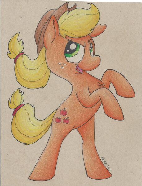 Size: 1665x2181 | Tagged: applejack, artist:artisticwerks, chest fluff, derpibooru import, rearing, safe, solo, traditional art