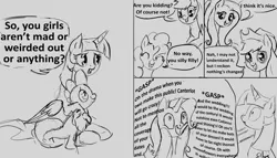 Size: 1280x731 | Tagged: safe, artist:silfoe, derpibooru import, applejack, fluttershy, pinkie pie, rainbow dash, rarity, spike, twilight sparkle, twilight sparkle (alicorn), alicorn, pony, royal sketchbook, comic, female, grayscale, lesbian, mane six, mare, monochrome, shipping, sketch, squishy cheeks, thousand yard stare, twiluna